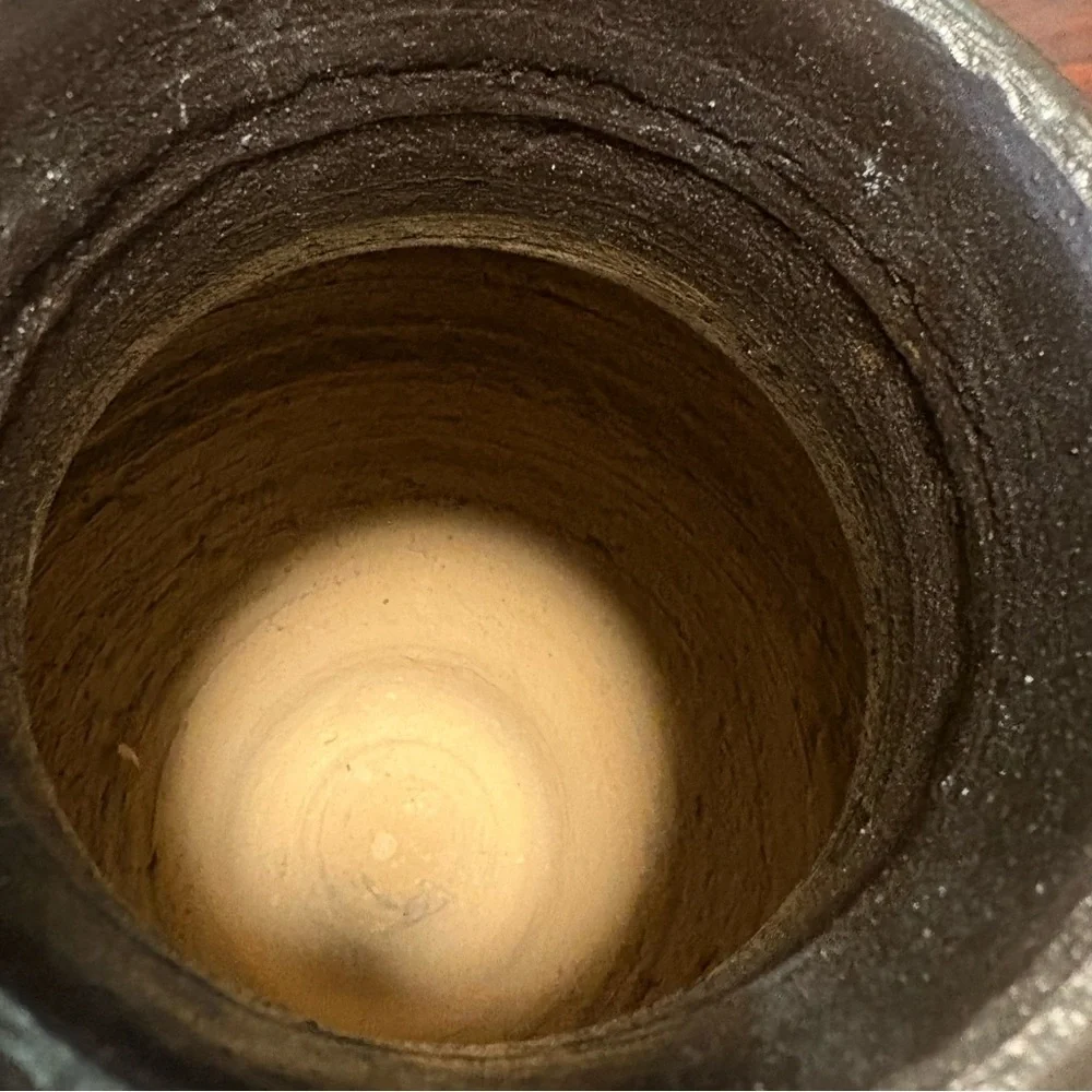 Vintage 10” Teal Black Abstract Terracotta Vase Art Pottery Decor - Unmarked